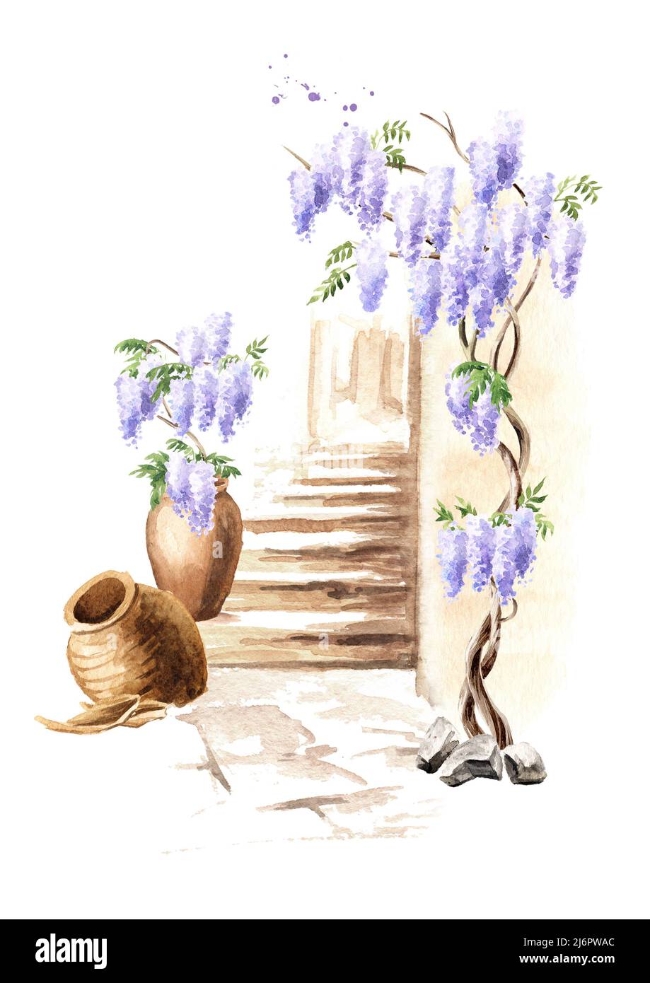 Antica architettura e albero fiorito di Wisteria. Illustrazione di acquerello disegnata a mano isolata su sfondo bianco Foto Stock