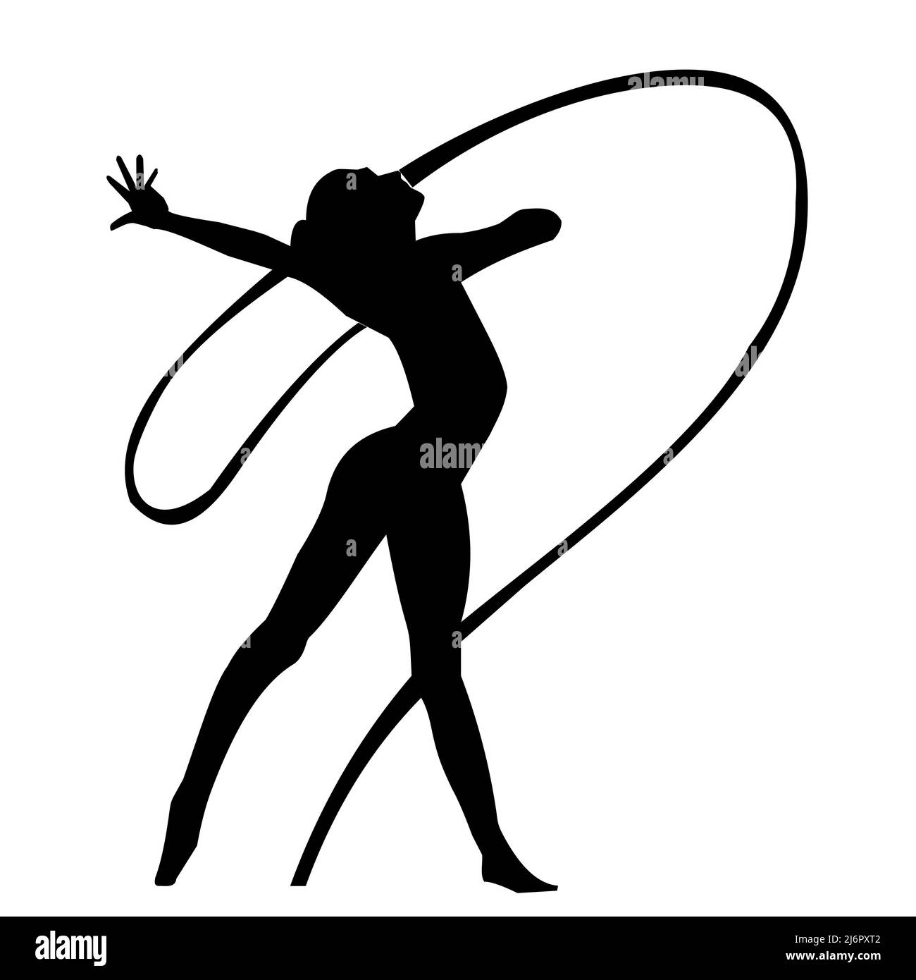 silhouette nera di un ginnasta di t girl con nastro su sfondo bianco, grafica, contorno Foto Stock