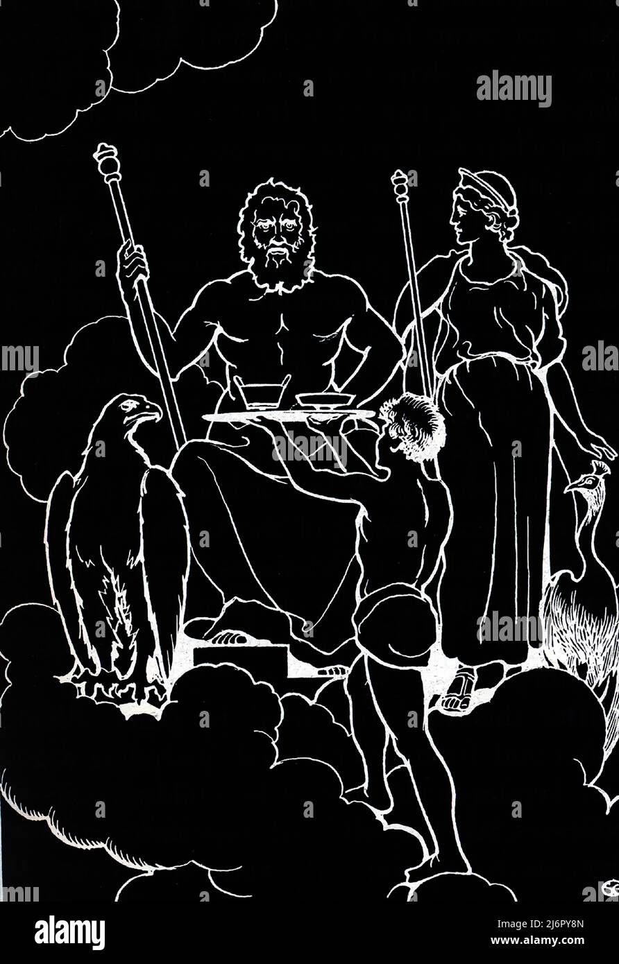 Giove, conosciuto anche come Giove, è il dio del cielo e del tuono, così come il re degli dei nella mitologia antica romana. Giove è il Dio più alto del pantheon romano. Giove fu considerata la divinità principale della religione di stato romana durante l'era repubblicana e imperiale fino a quando il cristianesimo divenne la religione dominante. Qui sul suo trono sul Monte Olimpo, ha con sé la sua aquila. L’aquila servì come messaggero personale di Giove. I miti hanno detto che un'aquila ha portato il giovane Ganymede a Olympus, dove ha servito come il portabandiera degli dei. Giove era noto ai Greci come Zeus. Foto Stock