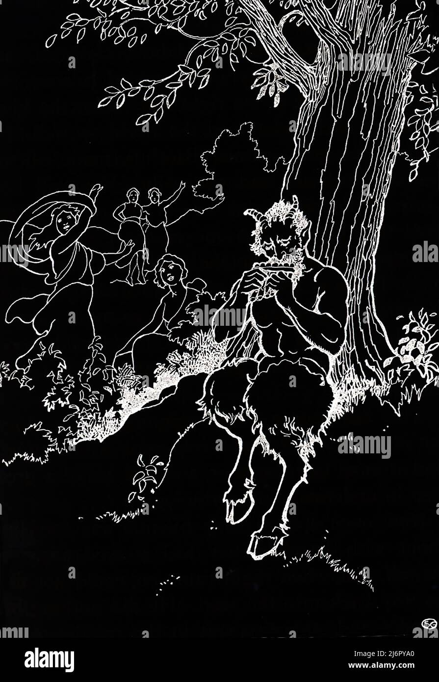 Nella religione e mitologia greca antica, Pan è il dio del selvaggio, pastori e greggi, natura delle selvagge montagne, musica rustica e improvtus, e compagno delle ninfe. Ha i quarti posteriori, le gambe e i corni di una capra, allo stesso modo di un fauno o di un satiro. Foto Stock