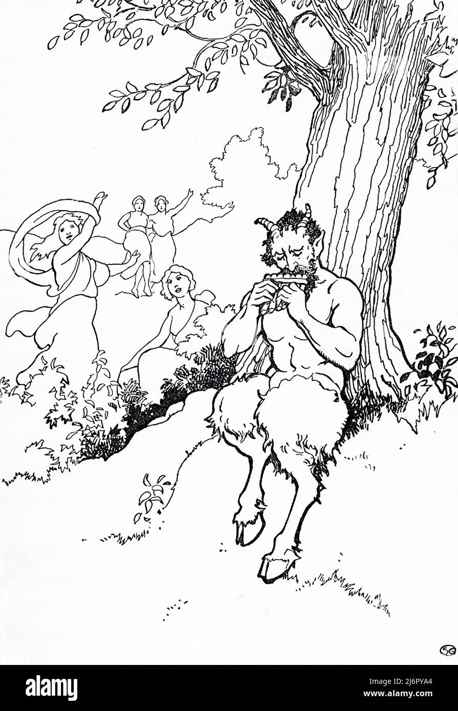 Nella religione e mitologia greca antica, Pan è il dio del selvaggio, pastori e greggi, natura delle selvagge montagne, musica rustica e improvtus, e compagno delle ninfe. Ha i quarti posteriori, le gambe e i corni di una capra, allo stesso modo di un fauno o di un satiro. Foto Stock