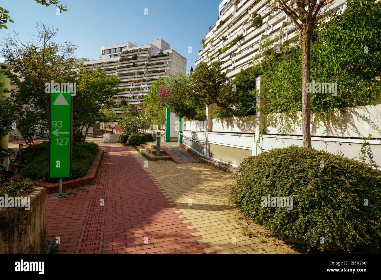 Begrünte Terrassenhäuser im Olympiadorf a München Foto Stock