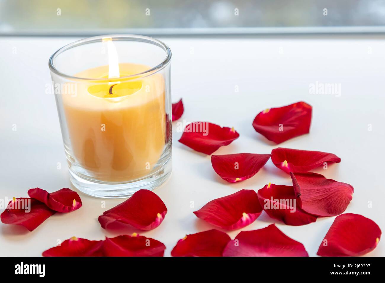 Sui petali rossi delle rose, candela aromatica bruciante con l'odore di mango. Foto Stock