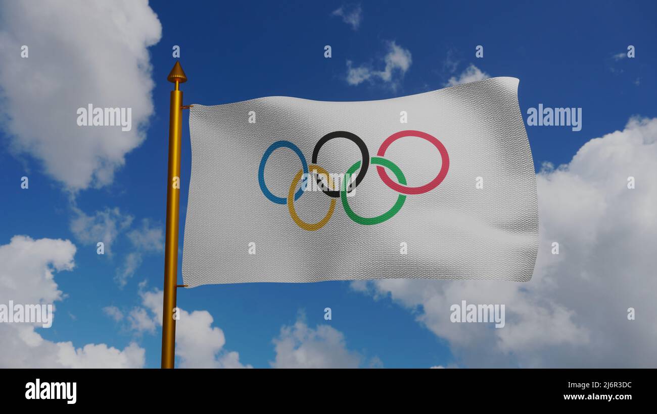 Comitato Olimpico Internazionale bandiera del CIO che sventola 3D Render con flagpole e cielo blu, bandiera dei Giochi Olimpici, bandiera degli anelli olimpici creato Baron de Foto Stock