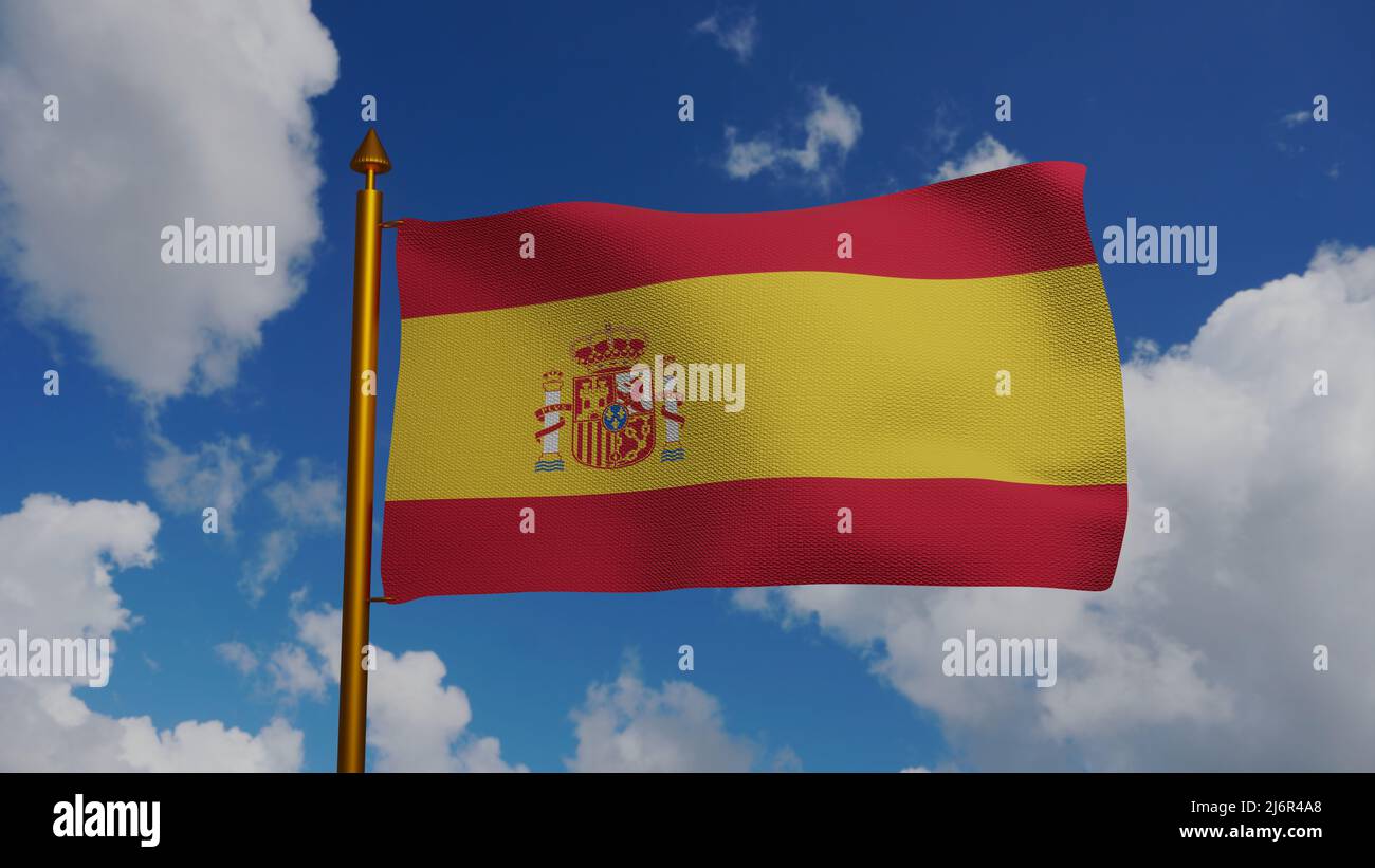 Bandiera nazionale della Spagna ondeggiante 3D Render con flagpole e cielo blu, bandiera spagnola o Bandera de Espana. la Rojigualda nel Regno di Spagna. Bandiera spagnola Foto Stock