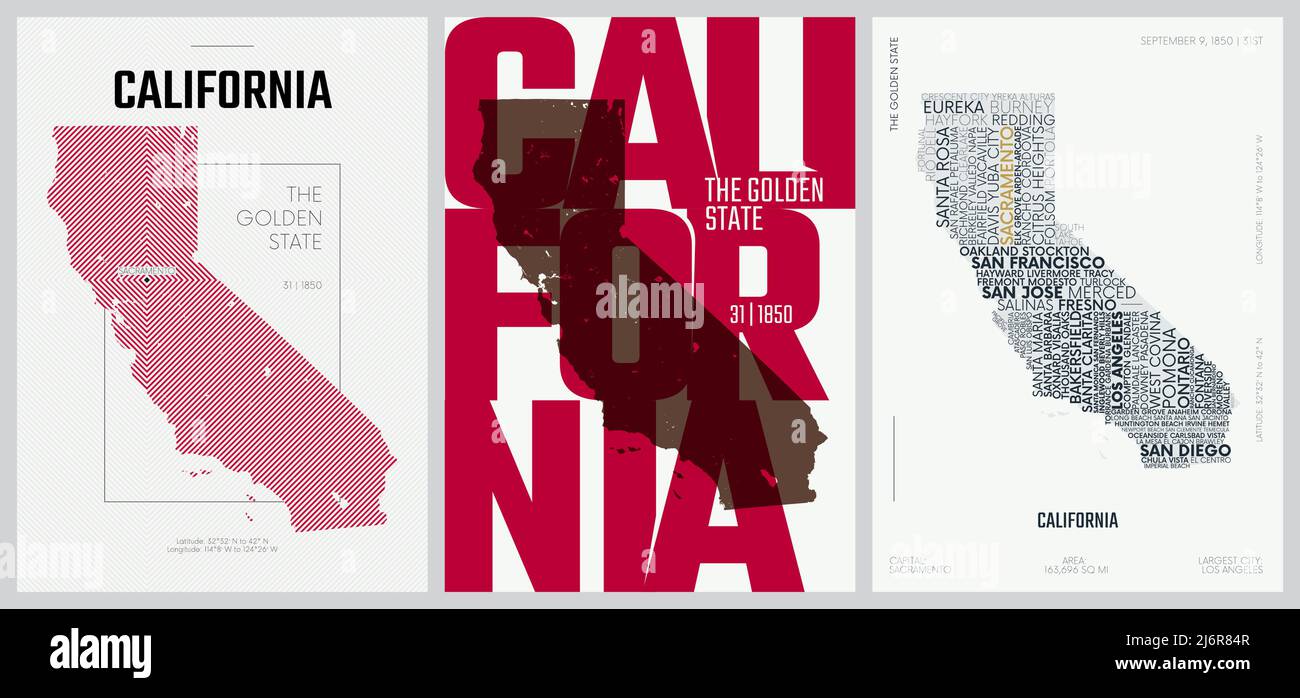 31 di 50 set, poster dello Stato degli Stati Uniti con nome e informazioni in 3 stili di disegno, stampa dettagliata di arte vettoriale mappa della California Illustrazione Vettoriale