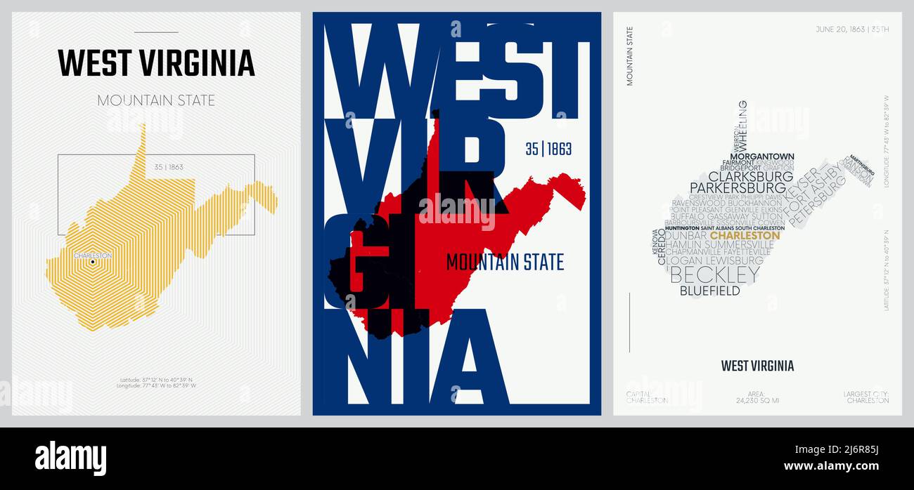 35 di 50 set, US state Posters con nome e informazioni in 3 Design Styles, dettagliato vettore arte stampare West Virginia mappa Illustrazione Vettoriale
