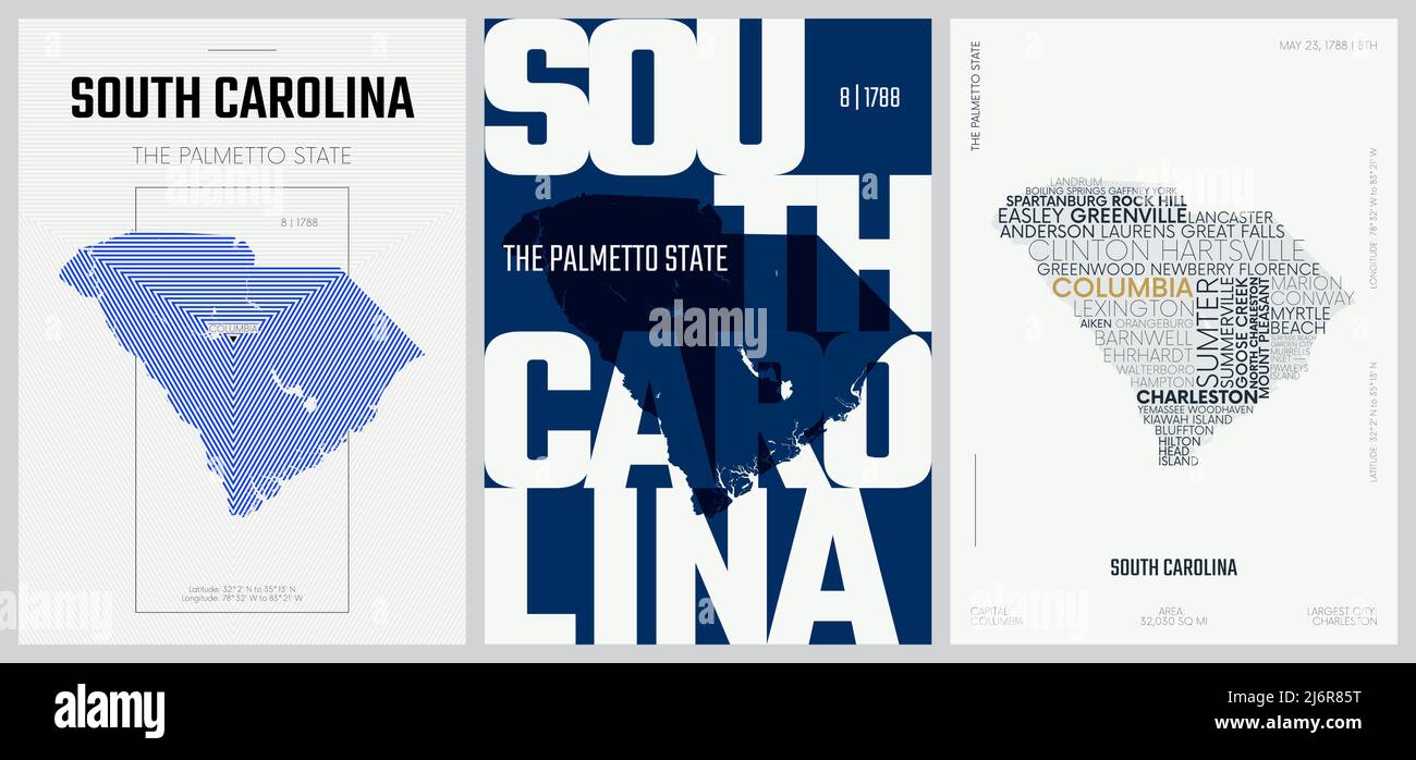 8 di 50 set, US state Posters con nome e informazioni in 3 Design Styles, dettagliato vettore arte stampa South Carolina mappa Illustrazione Vettoriale