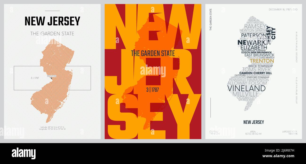 3 di 50 set, Posters dello Stato degli Stati Uniti con nome ed informazioni in 3 stili di disegno, stampa dettagliata di arte vettoriale della mappa del New Jersey Illustrazione Vettoriale