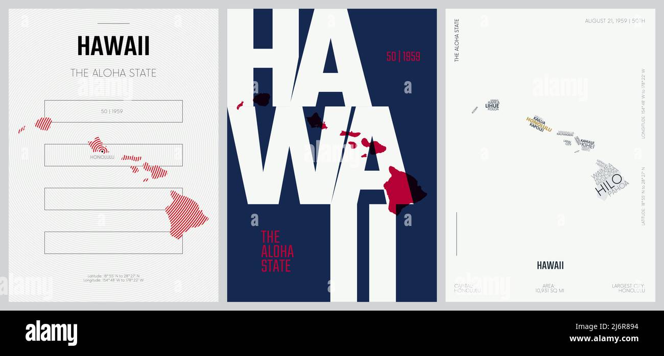 50 di 50 set, Posters dello Stato degli Stati Uniti con nome e informazioni in 3 stili di disegno, stampa dettagliata di arte vettoriale Hawaii mappa Illustrazione Vettoriale
