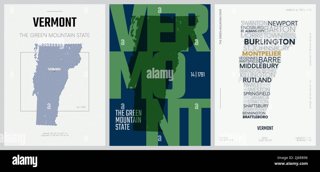 14 di 50 set, US state Posters con nome e informazioni in 3 Design Styles, dettagliato vettore arte stampa Vermont mappa Illustrazione Vettoriale