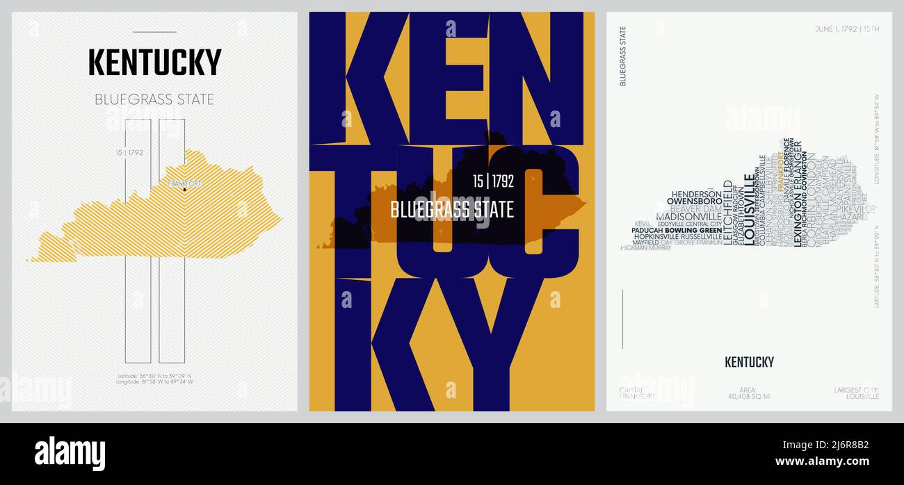 15 di 50 set, poster dello Stato degli Stati Uniti con nome e informazioni in 3 stili di disegno, stampa dettagliata di arte vettoriale mappa del Kentucky Illustrazione Vettoriale