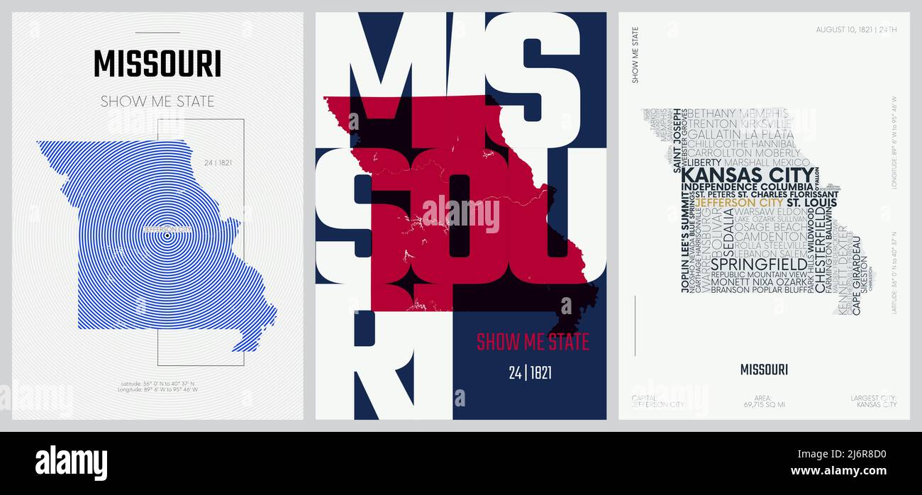 24 di 50 set, poster dello Stato degli Stati Uniti con nome e informazioni in 3 stili di progettazione, stampa dettagliata di arte vettoriale Missouri mappa Illustrazione Vettoriale