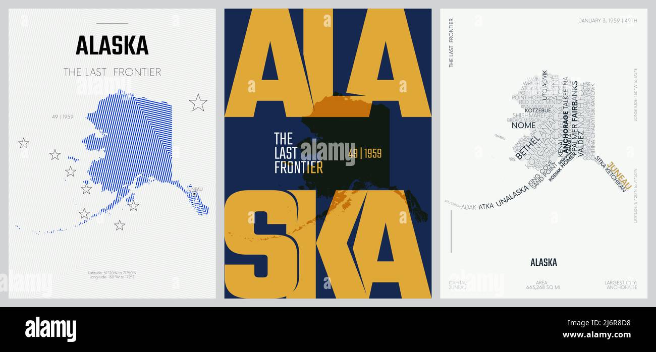 49 di 50 insiemi, i manifesti di stato degli Stati Uniti con il nome e le informazioni in 3 stili di disegno, stampa dettagliata dell'arte vettoriale la mappa dell'Alaska Illustrazione Vettoriale