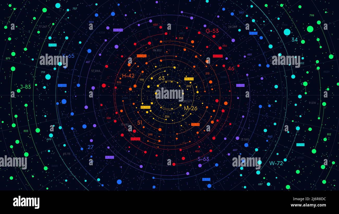 Cloud digitale di big data con numeri e struttura circolare, visualizzazione a colori del processo di analisi del flusso di informazioni, illustrazione aziendale vettoriale Illustrazione Vettoriale