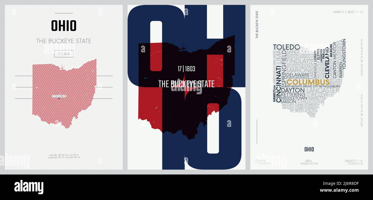 17 di 50 set, US state Posters con nome e informazioni in 3 Design Styles, dettagliato vettore arte stampa Ohio map Illustrazione Vettoriale