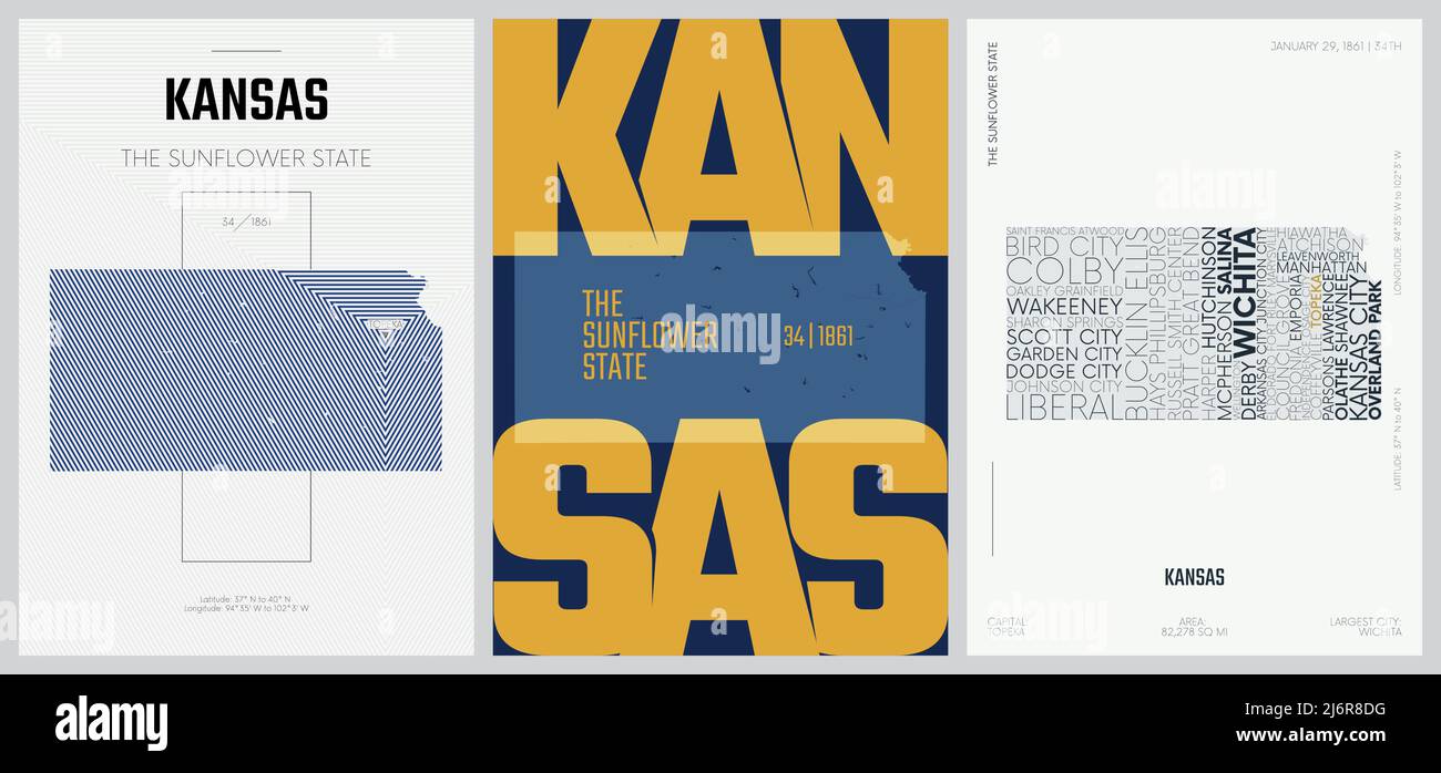 34 di 50 set, poster dello stato degli Stati Uniti con nome e informazioni in 3 stili di disegno, stampa dettagliata di arte vettoriale Kansas mappa Illustrazione Vettoriale