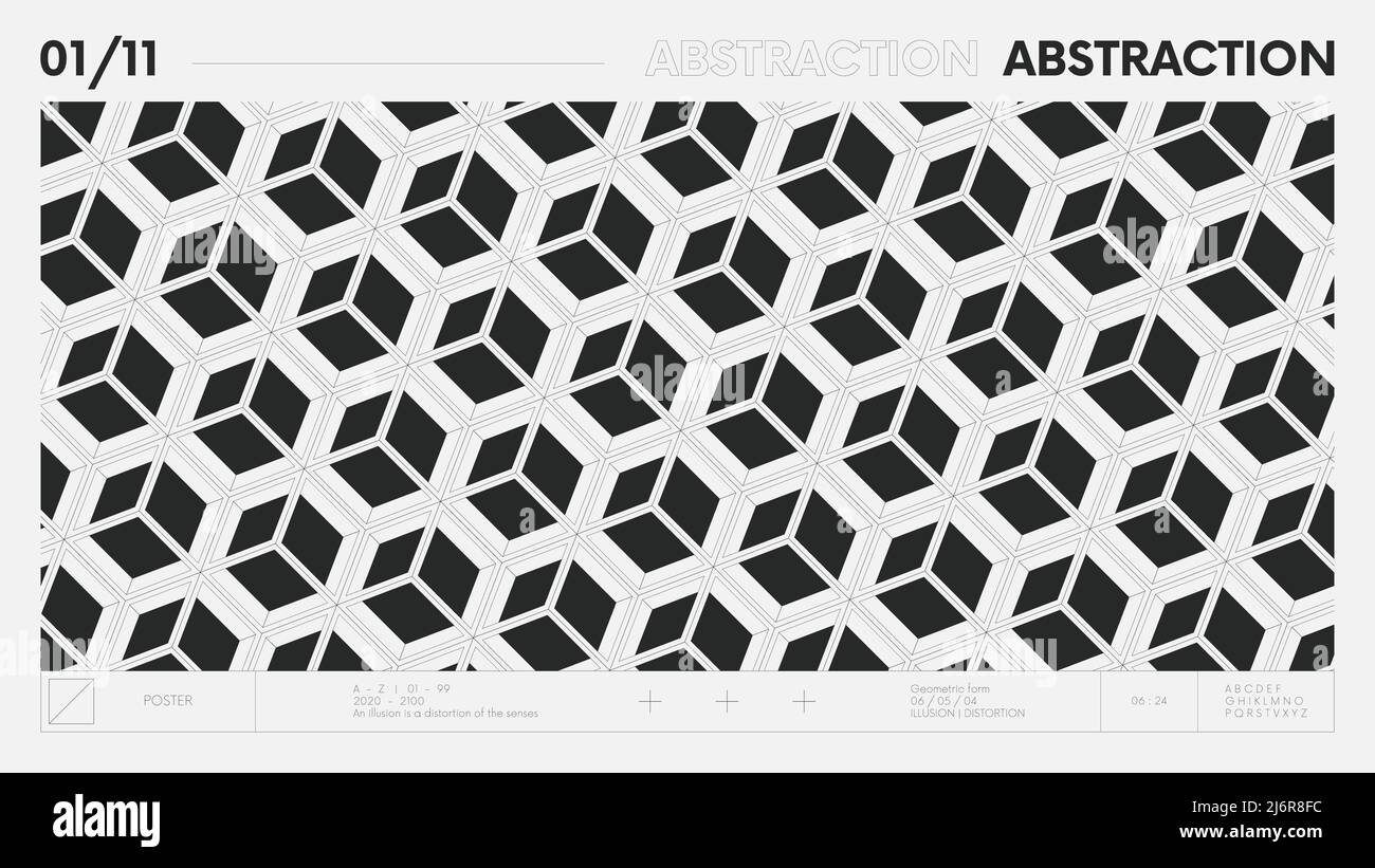 Astratto banner geometrico moderno con forme semplici in bianco e nero, composizione grafica disegno vettoriale sfondo, pattern 3D cubi di squadrato Illustrazione Vettoriale