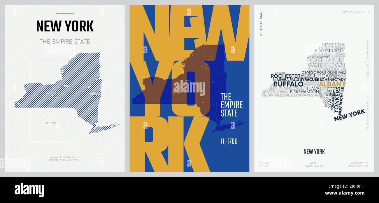 11 di 50 set, Posters dello Stato degli Stati Uniti con nome ed informazioni in 3 stili di disegno, stampa dettagliata di arte vettoriale della mappa di New York Illustrazione Vettoriale