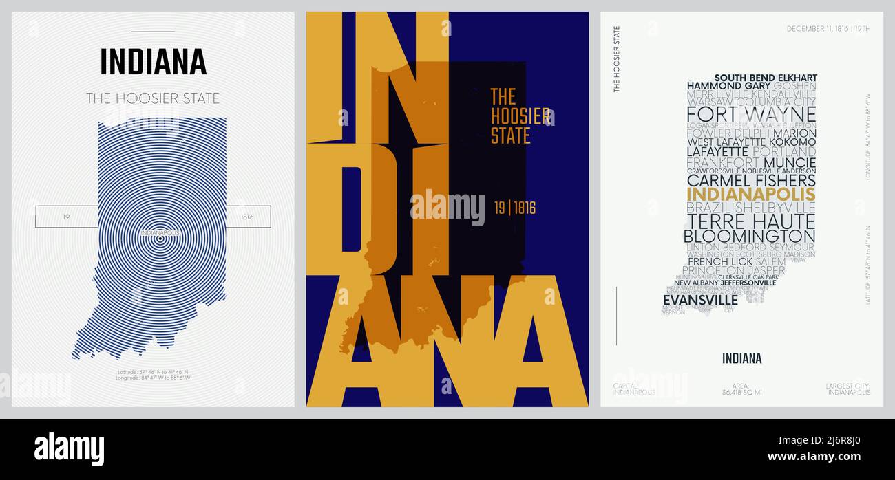 19 di 50 set, US state Posters con nome e informazioni in 3 Design Styles, dettagliato vettore arte stampare Indiana mappa Illustrazione Vettoriale