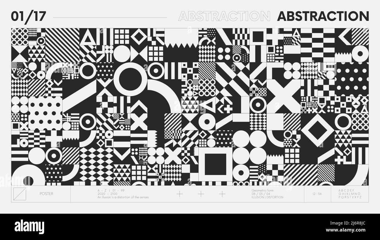 Astratto banner geometrico moderno con forme semplici in bianco e nero, composizione grafica design vettoriale sfondo, grafica geometrica con Illustrazione Vettoriale