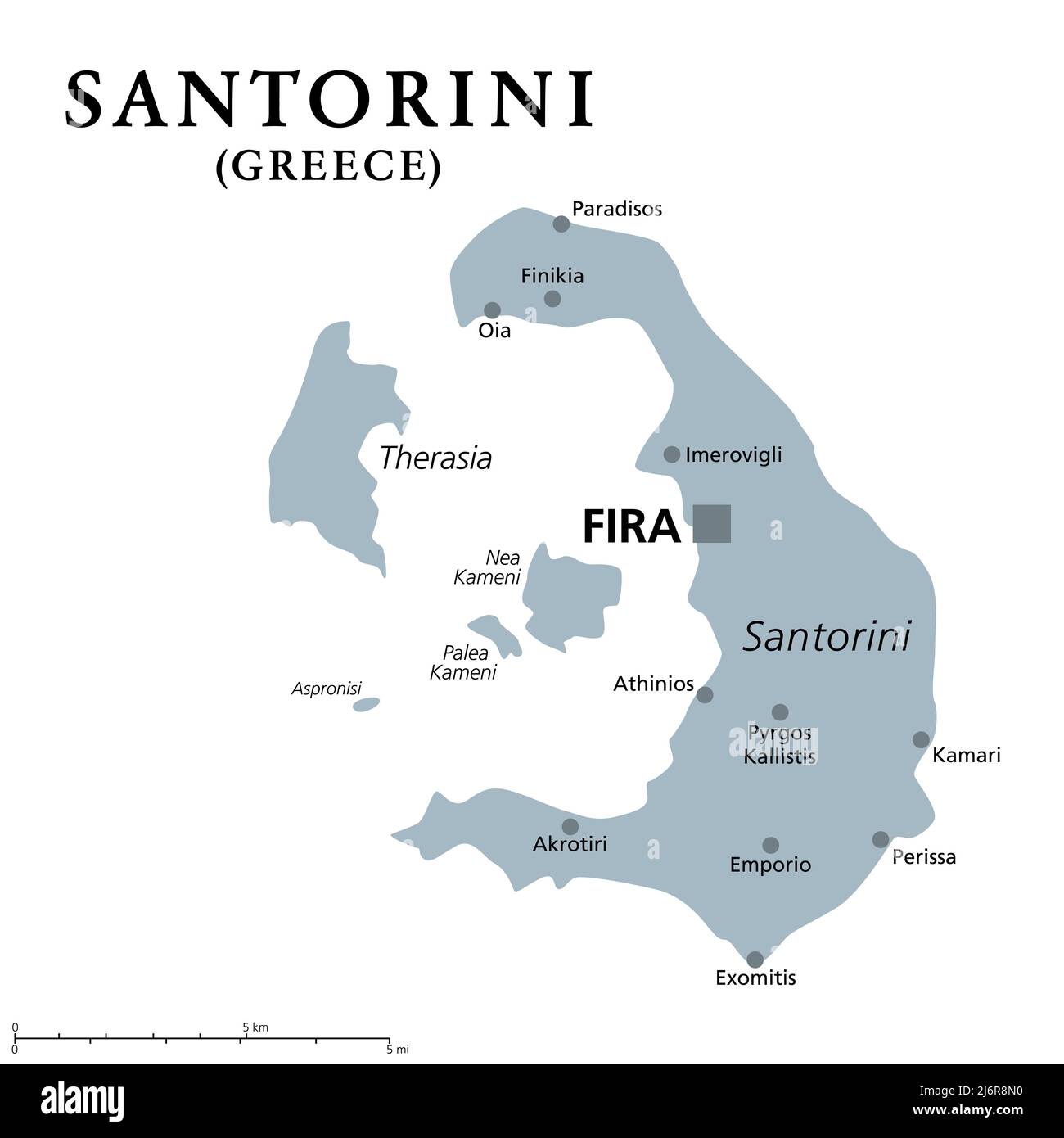 Santorini, un'isola della Grecia, mappa politica grigia. Ufficialmente Thira e classica Thera greca. Arcipelago e residuo di una caldera nel Mar Egeo. Foto Stock