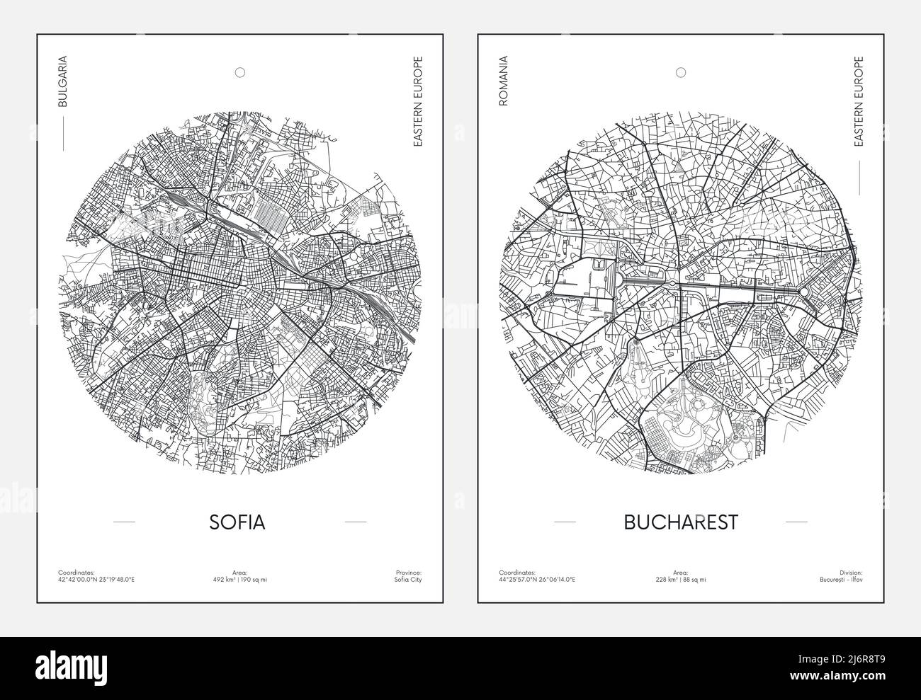Poster di viaggio, mappa urbana della città Sofia e Bucarest, illustrazione vettoriale Illustrazione Vettoriale