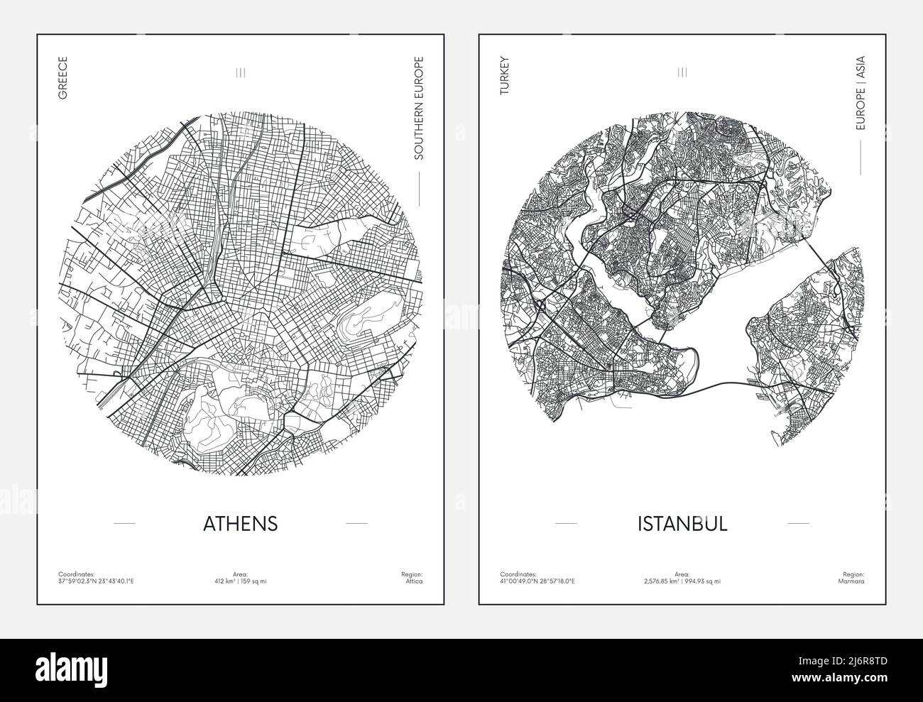 Poster di viaggio, mappa urbana della città Atene e Istanbul, illustrazione vettoriale Illustrazione Vettoriale