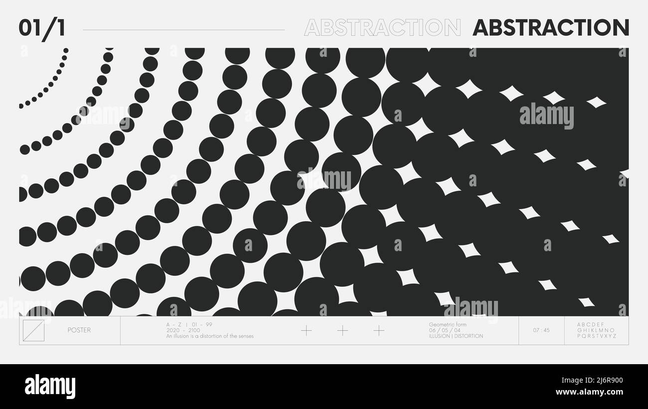 Astratto banner geometrico moderno con forme semplici in bianco e nero, composizione grafica disegno vettoriale sfondo, cerchi volanti Illustrazione Vettoriale