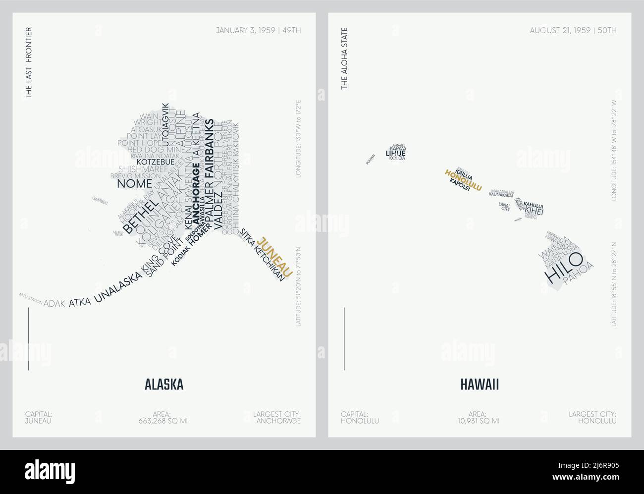 Composizione tipografica dei nomi delle città, mappe delle silhouette degli stati d'America, poster vettoriali dettagliati, Divisione Pacifico - Alaska, Hawaii Illustrazione Vettoriale