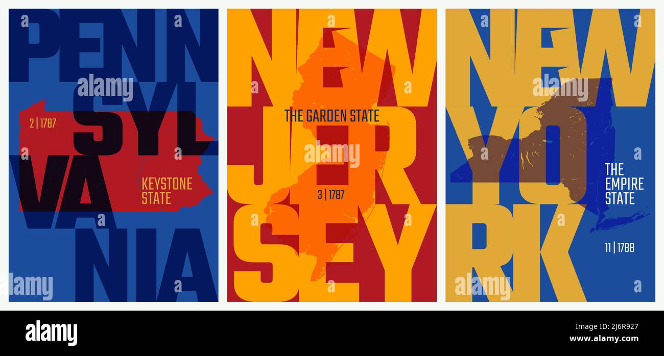 Vector poster stati Uniti con un nome, nickname, data di ammissione alla Union, Pennsylvania, New Jersey, New York Illustrazione Vettoriale