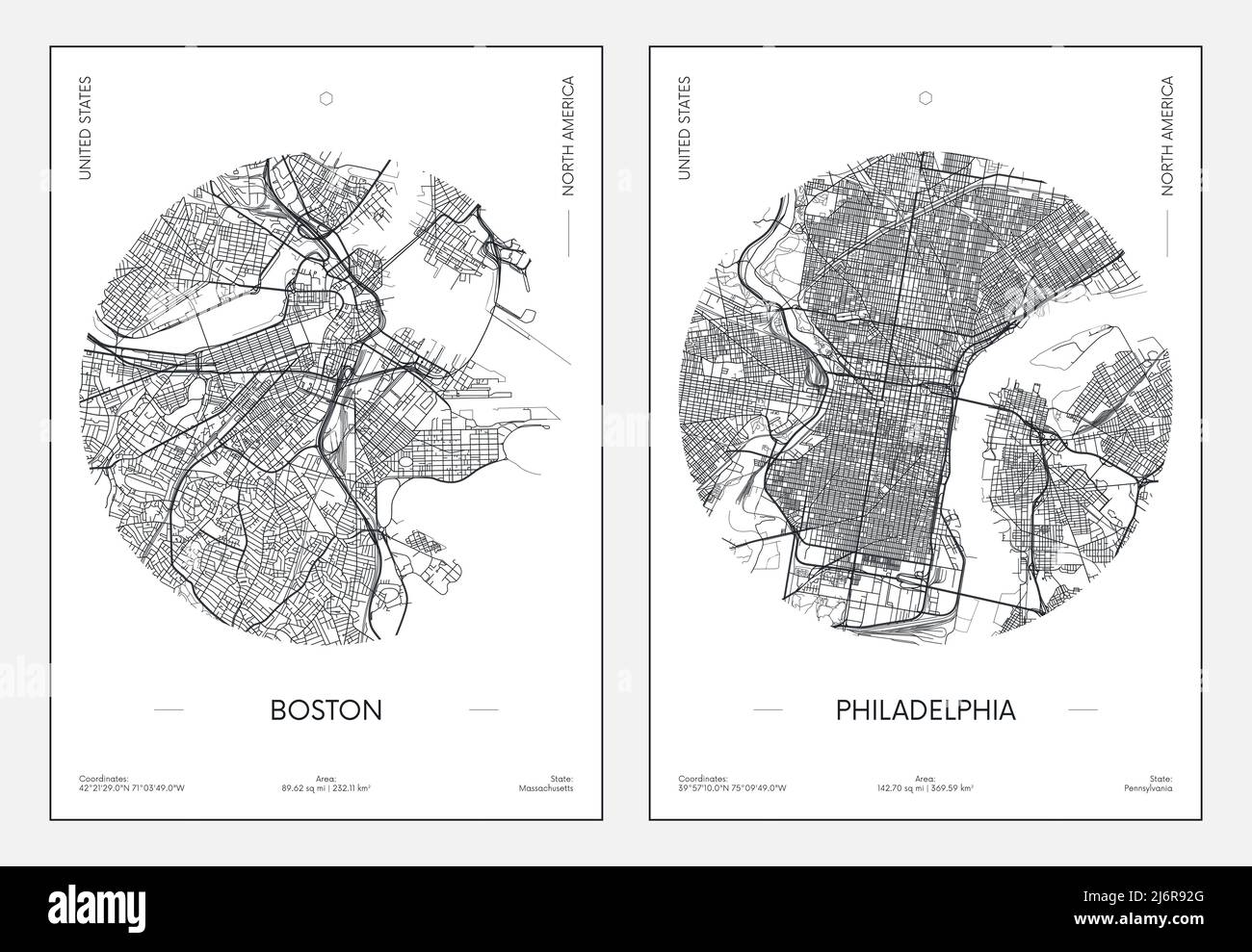 Poster di viaggio, mappa urbana della città di Boston e Philadelphia, illustrazione vettoriale Illustrazione Vettoriale