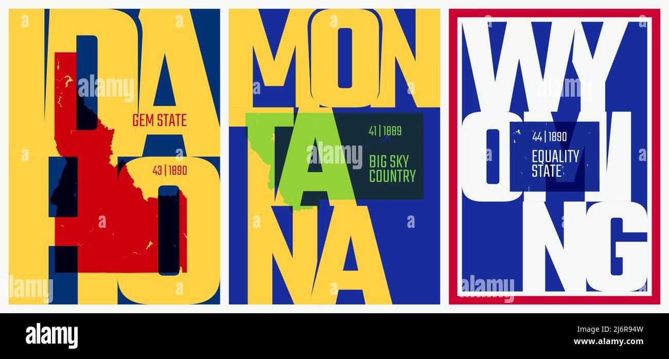 Poster vettoriali stati Uniti con un nome, soprannome, data di ammissione alla Union, Division Mountain - Idaho, Montana, Wyoming Illustrazione Vettoriale