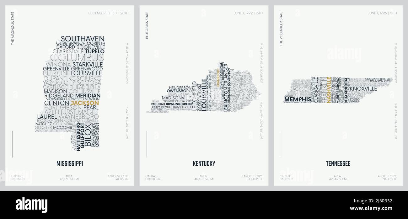 Composizione tipografica dei nomi delle città, cartine delle sagome degli stati d'America, poster vettoriali dettagliati, Mississippi, Kentucky, Tennessee Illustrazione Vettoriale