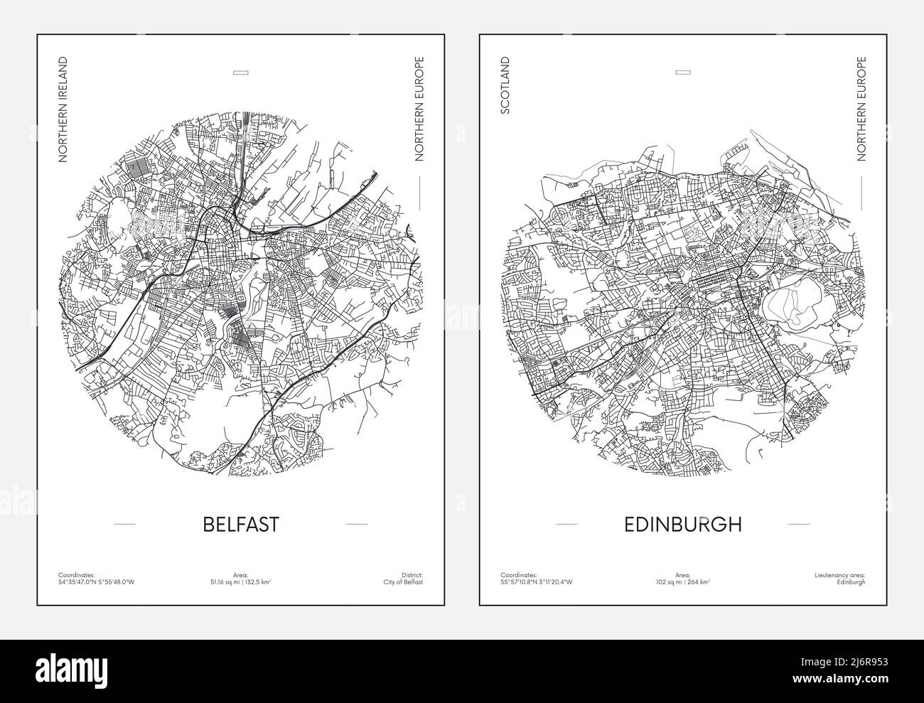 Poster di viaggio, mappa urbana della città di Belfast ed Edimburgo, illustrazione vettoriale Illustrazione Vettoriale