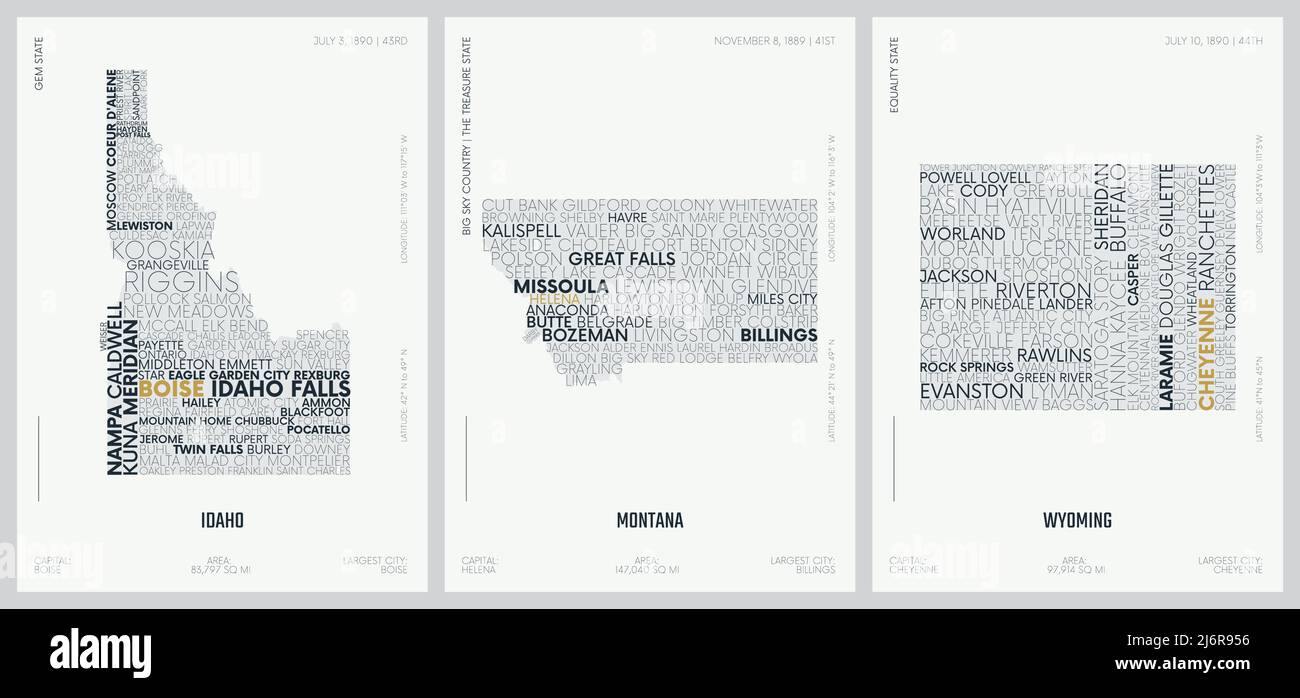 Composizione tipografica dei nomi delle città, cartine di silhouette degli stati d'America, poster vettoriali dettagliati, Division Mountain - Idaho, Montana, Wyoming Illustrazione Vettoriale