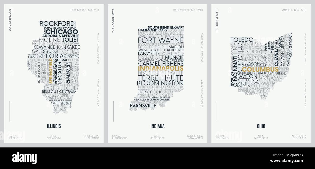 Composizione tipografica dei nomi delle città, mappe delle sagome degli stati d'America, poster vettoriali dettagliati, Illinois, Indiana, Ohio Illustrazione Vettoriale