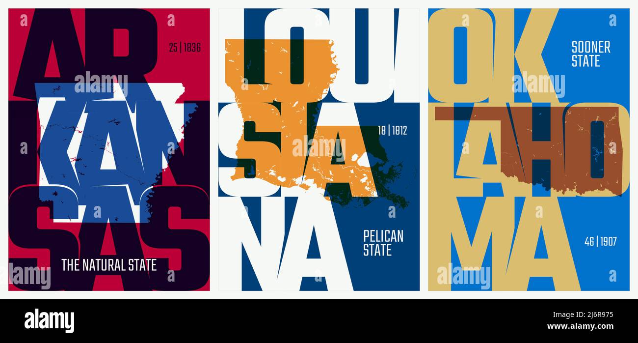 Vector Posters stati Uniti con un nome, soprannome, data di ammissione in Union, Arkansas, Louisiana, Oklahoma Illustrazione Vettoriale