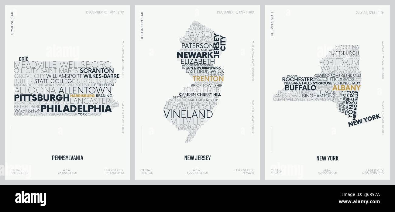 Composizione tipografica dei nomi delle città, cartine delle sagome degli stati d'America, poster vettoriali dettagliati, Pennsylvania, New Jersey, New York Illustrazione Vettoriale
