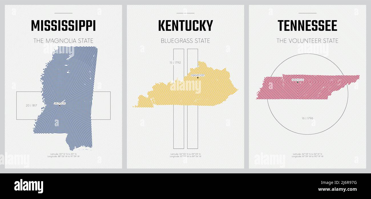 Poster vettoriali cartine dettagliate delle sagome degli stati d'America con disegno lineare astratto, Mississippi, Kentucky, Tennessee Illustrazione Vettoriale