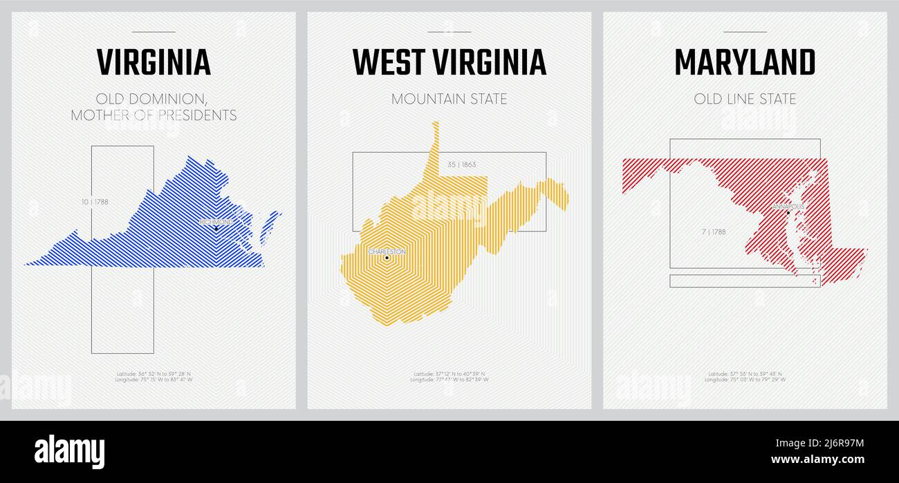 Poster vettoriali cartine dettagliate delle sagome degli stati d'America con disegno lineare astratto, Sud Atlantico - Virginia, West Virginia, Maryland Illustrazione Vettoriale