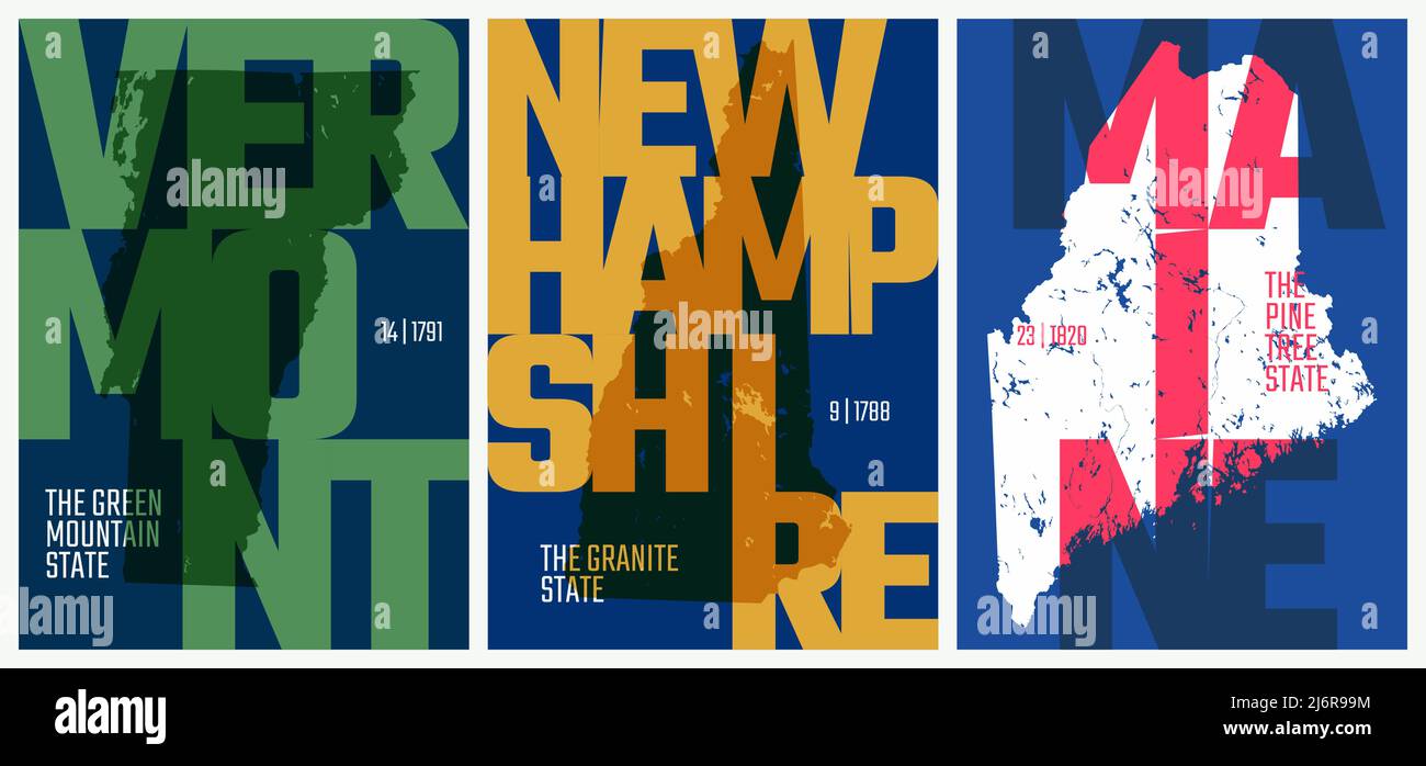 Vector poster stati Uniti con un nome, nickname, data di ammissione all'Unione, Divisione New England - Vermont, New Hampshire, Maine Illustrazione Vettoriale