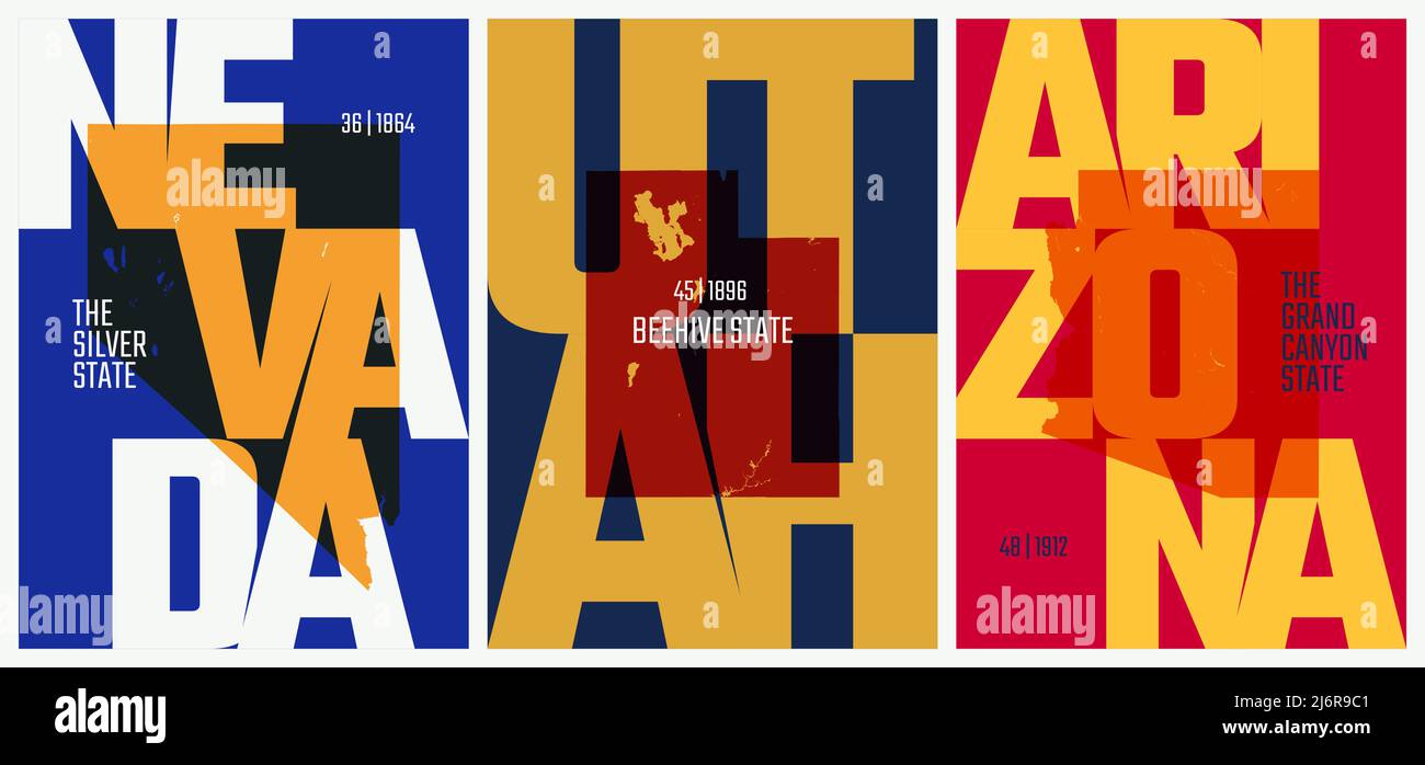Poster vettoriali stati Uniti con un nome, soprannome, data di ammissione all'Unione, Division Mountain - Nevada, Utah, Arizona - Set 14 di 17 Illustrazione Vettoriale