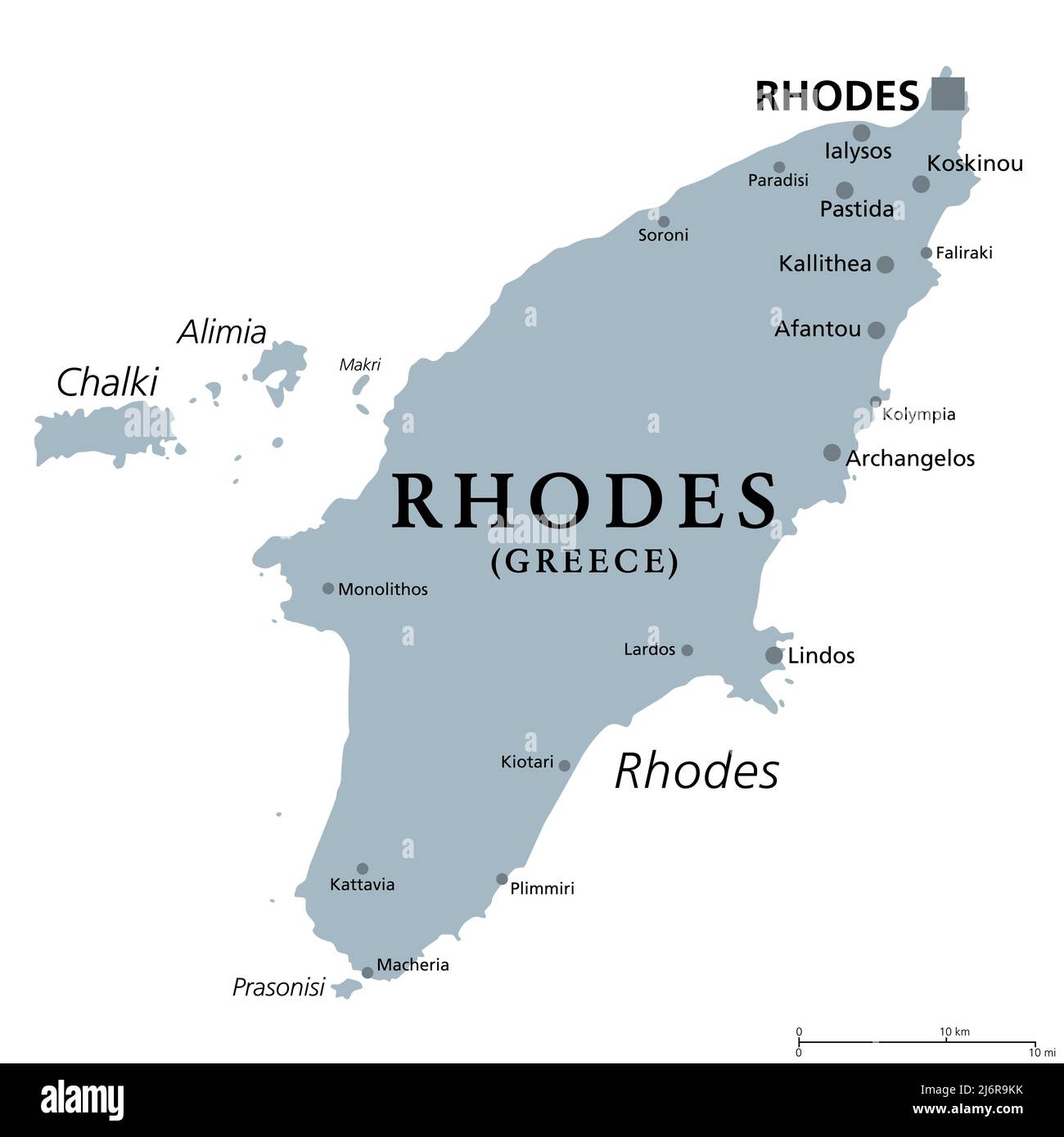 Rodi, isola greca, mappa politica grigia. La più grande delle isole Dodecanesi della Grecia, nel Mar Mediterraneo, con soprannomi, come l'Isola del Sole. Foto Stock