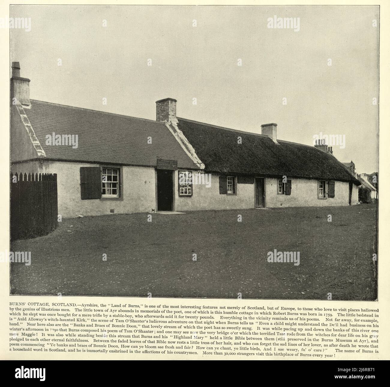 Antica fotografia d'epoca di Burn's Cottage, Scozia, 19th secolo. Burns Cottage, la prima casa di Robert Burns si trova a Alloway, South Ayrshire, Scozia. Fu costruita dal padre William Burness nel 1757. Foto Stock