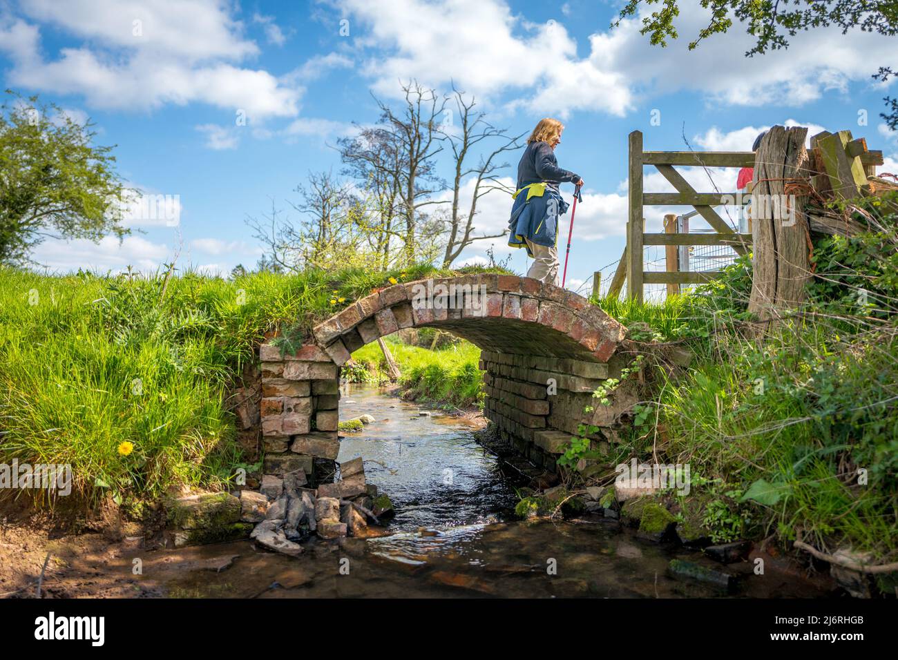 Passeggiatrice femminile che cammina su un vecchio ponte pedonale a campata singola che attraversa un piccolo ruscello o un fiume. Foto Stock