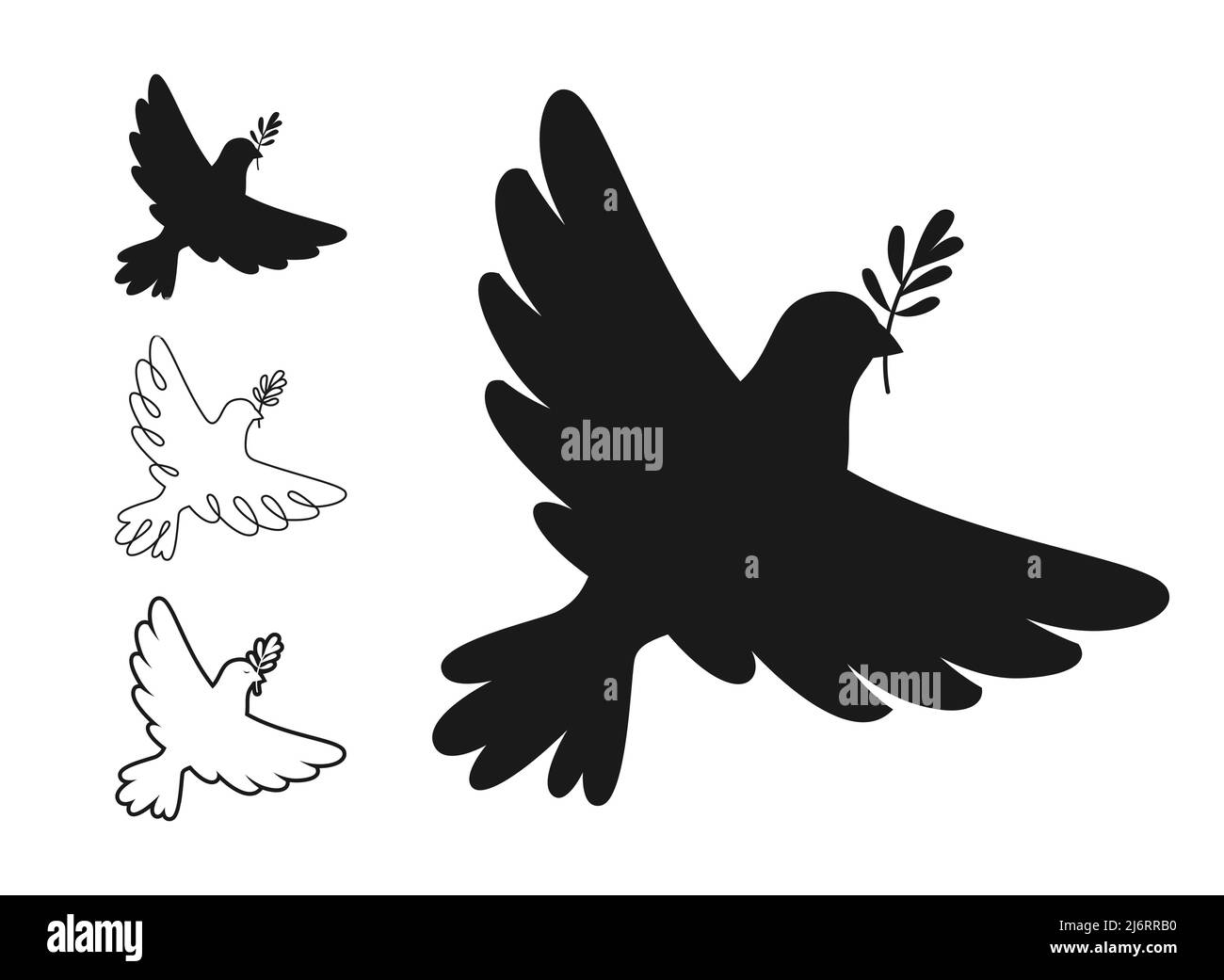 Simbolo di pace impronta a colomba timbro, dondolo contorno set. Colomba di uccello con cartello di ramo d'oliva, icona piccione volante. Libertà, cristiano, umanità emblema pacifico non concetto di guerra. Semplici elementi di design del logo Illustrazione Vettoriale