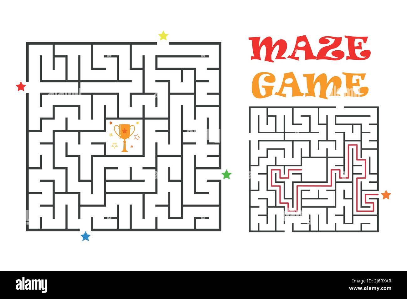 Labirinto quadrato gioco per bambini. Labirinto logica di enigma con coppa vincitrice. Quattro ingressi e due modi giusti per andare. Illustrazione piatta vettoriale Illustrazione Vettoriale