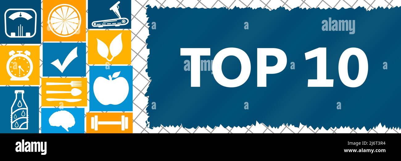 Top Ten Blue Orange Health Symbols Grid Box Right Text Foto Stock