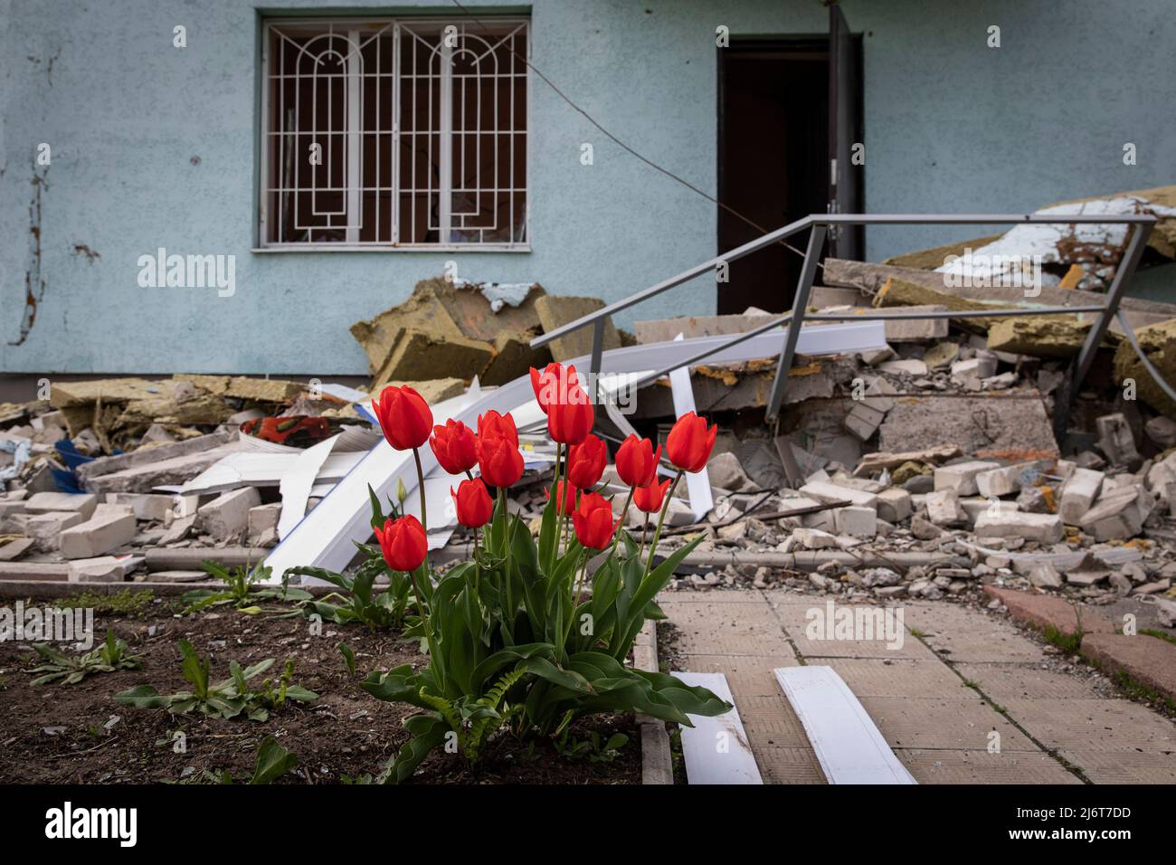 I fiori si possono vedere di fronte ai detriti causati da uno sciopero di artiglieria russo, a Derhachi, Kharkivs’ka Oblast’. Mentre la guerra Ucraina-russa imperversava per oltre due mesi, la Russia ora ha spostato il suo obiettivo tattico nella parte orientale dell'Ucraina, e ora ha concentrato l'offensiva nella parte orientale del paese. Kharkivs’ka Oblast è ora sotto costante minaccia di bombardamenti e attacchi aerei russi. (Foto di Alex Chan Tsz Yuk / SOPA Images/Sipa USA) Foto Stock